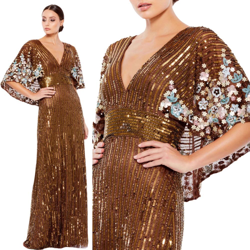 Mac Duggal NEW Sequined V-neck Floral Embellished Cape Sleeve Gown $598 Size 12